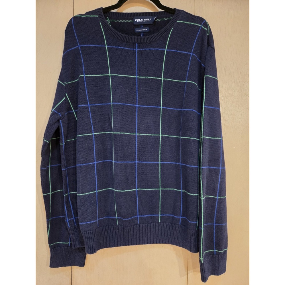 Polo Golf Ralph Lauren Sweater Mens XL Navy Windowpane Pima Cotton Preppy